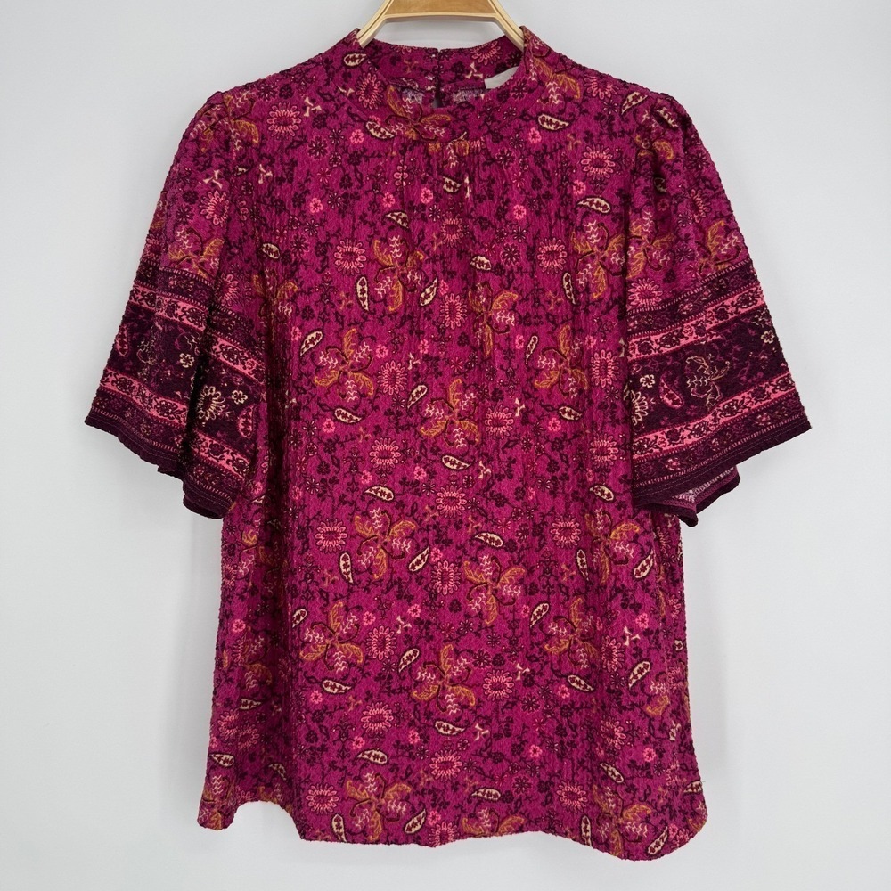 LOFT Blouse Top Size Large Pink Floral Print Short Sleeve Boho Feminine Casual - Picture 4 of 11